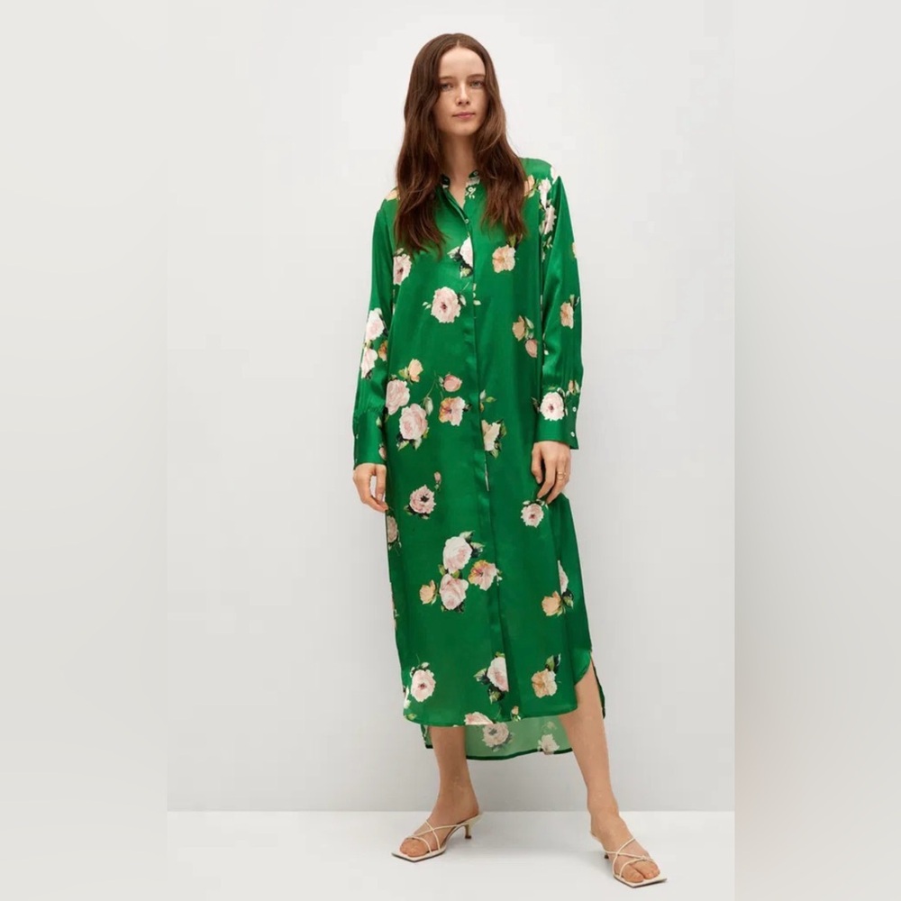 Mango Green Floral Long-Sleeve Button Midi Dress